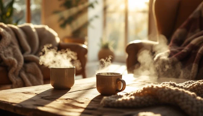 peaceful morning routine natural light coffee home.webp rotina matinal tranquila luz natural  café casa.webp hábitos matinais saudáveis como ter uma manhã com rotina leve para o dia a dia com pessoa desfrutando de uma manhã tranquila com luz natural entrando pela janela