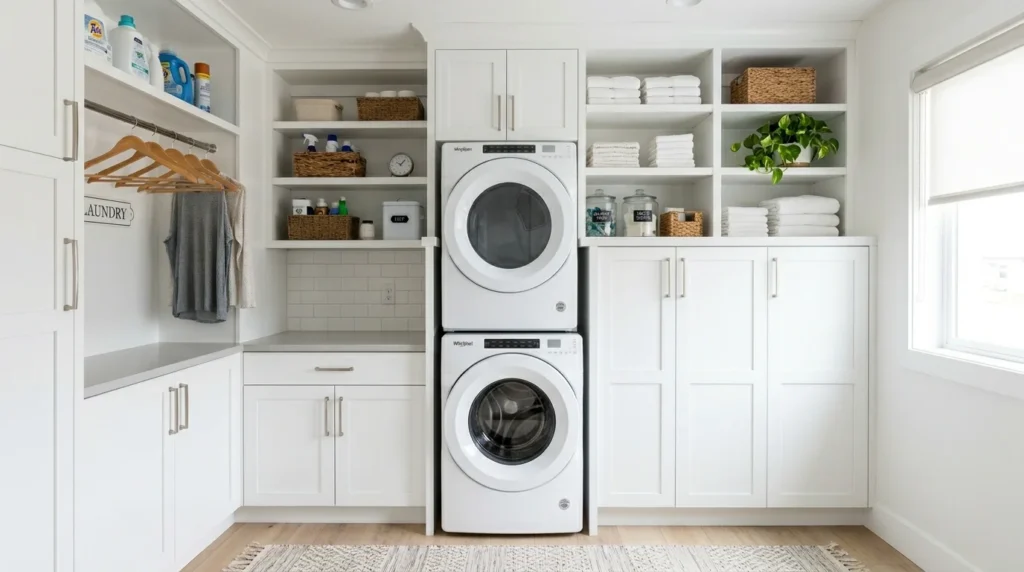 small laundry room organization compact laundry space.webp  Organização de lavanderia pequena e compacta.webp exemplo de como organizar uma lavanderia pequena e minimalista com armários e prateleiras funcionais