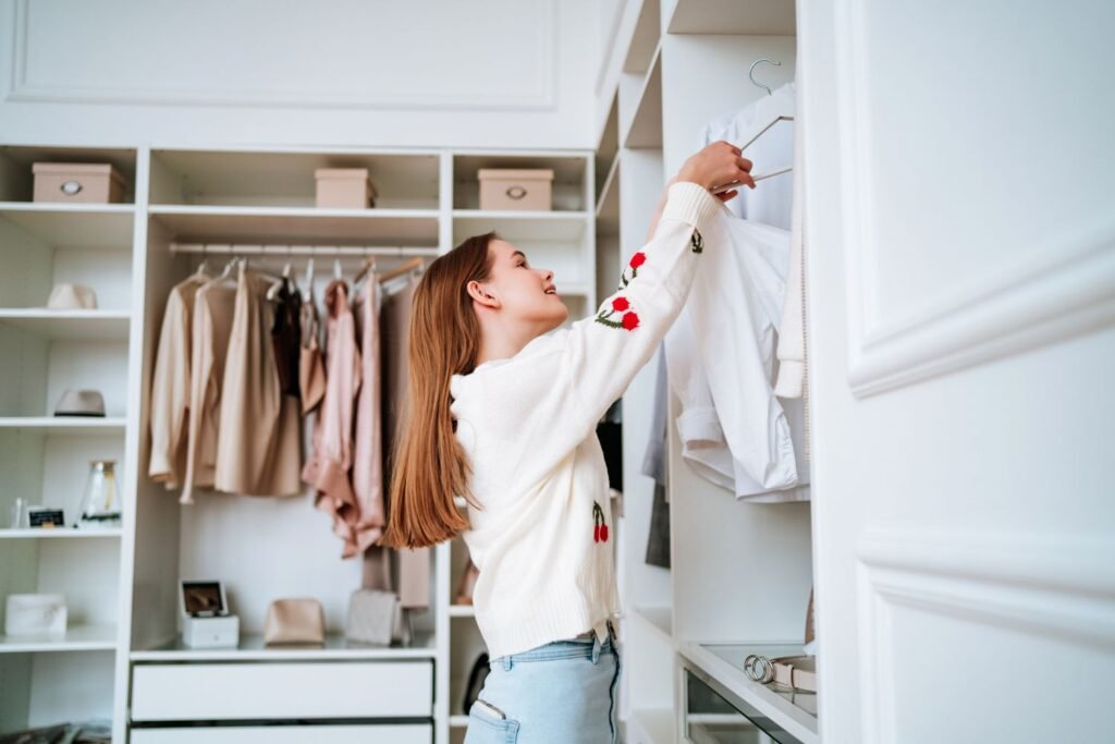 woman organizing closet home organization routine mulher organizando o guarda roupa rotina de organização da casa utilizando o método de como manter a casa organizada todos os dias: 10 hábitos simples que funcionam