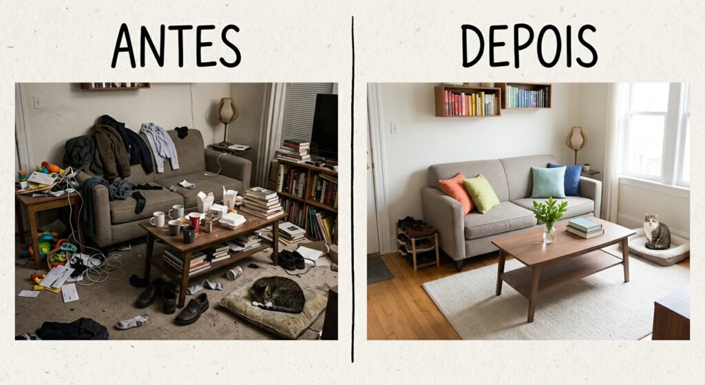 mulher organizando a sala em uma rotina de 30 minutos para manter a casa em ordem.png exemplo de como organizar a casa em 30 minutos por dia método simples e prático ambiente minimalista com luz natural antes e depois da organização