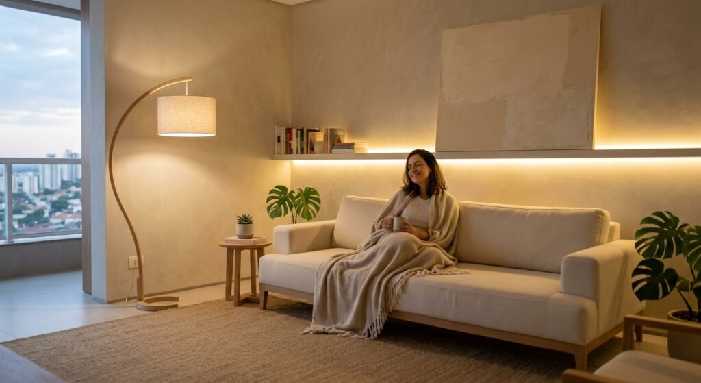 ambiente mais aconchegante com luz suave limpo relaxante decoração minimalista mulher utiliza método de organizar a casa em 30 minutos por dia método simples e prático