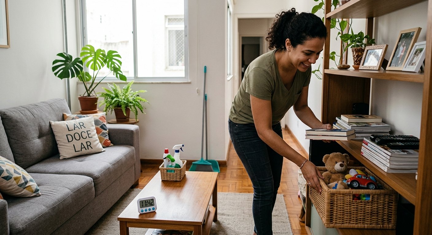 mulher organizando a sala em uma rotina de 30 minutos para manter a casa em ordem e como exemplo está utilizando o método de como organizar a casa em 30 minutos por dia: método simples e prático