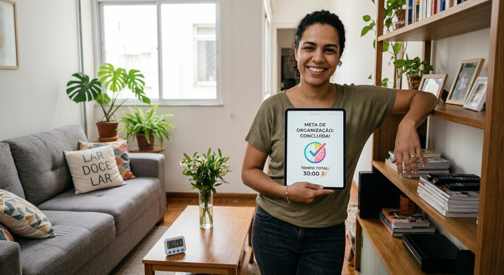 como organizar a casa em 30 minutos por dia método simples e prático mulher satisfeita com a organização da casa mostrando que consegue atingir a meta