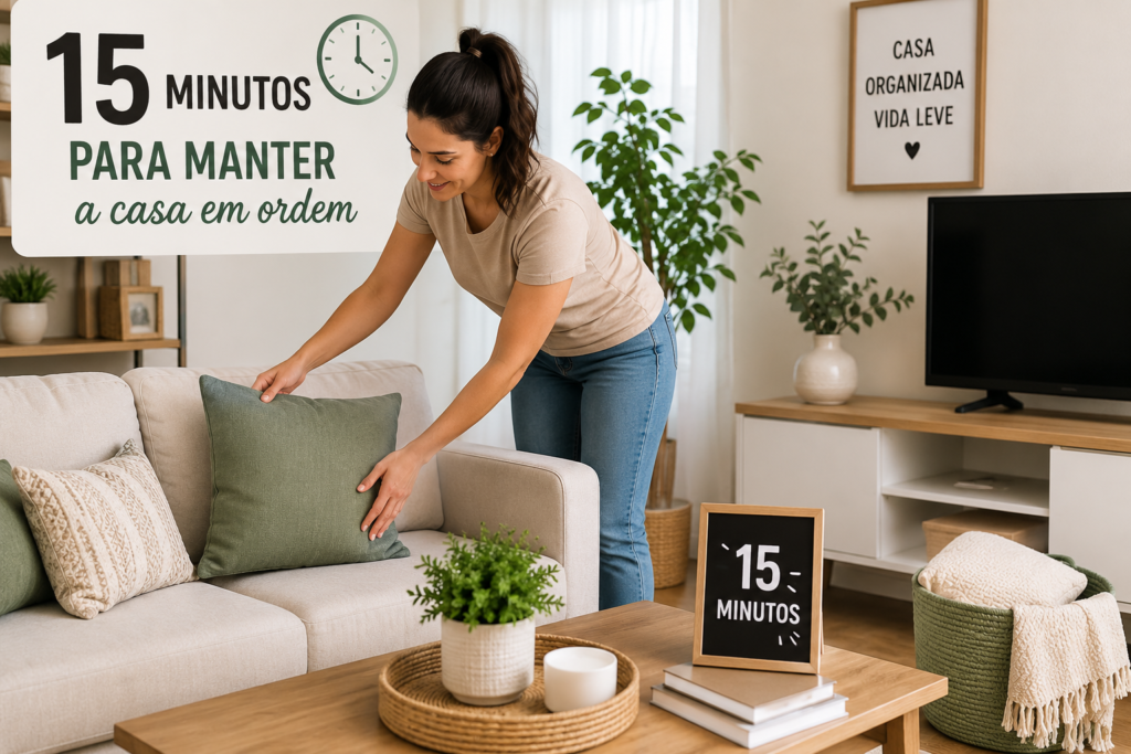 Mulher organizando a sala em uma rotina de 15 minutos para manter a casa em ordem todos os dias. Dona de casa que aderiu ao método de Pessoa organizando a sala de estar em pouco sminutos utilizando o método de Como Organizar a Casa em 30 Minutos por Dia: Método Simples e Prático 
